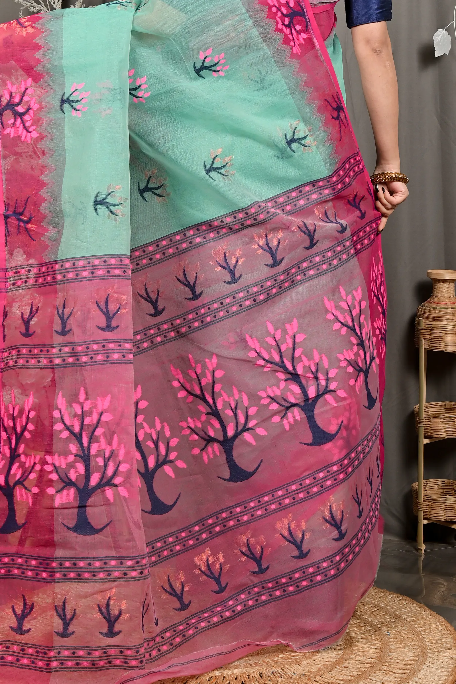 DipDiya Pure Cotton Green Purple Fevai Grace of Bengal Jamdani Sarees