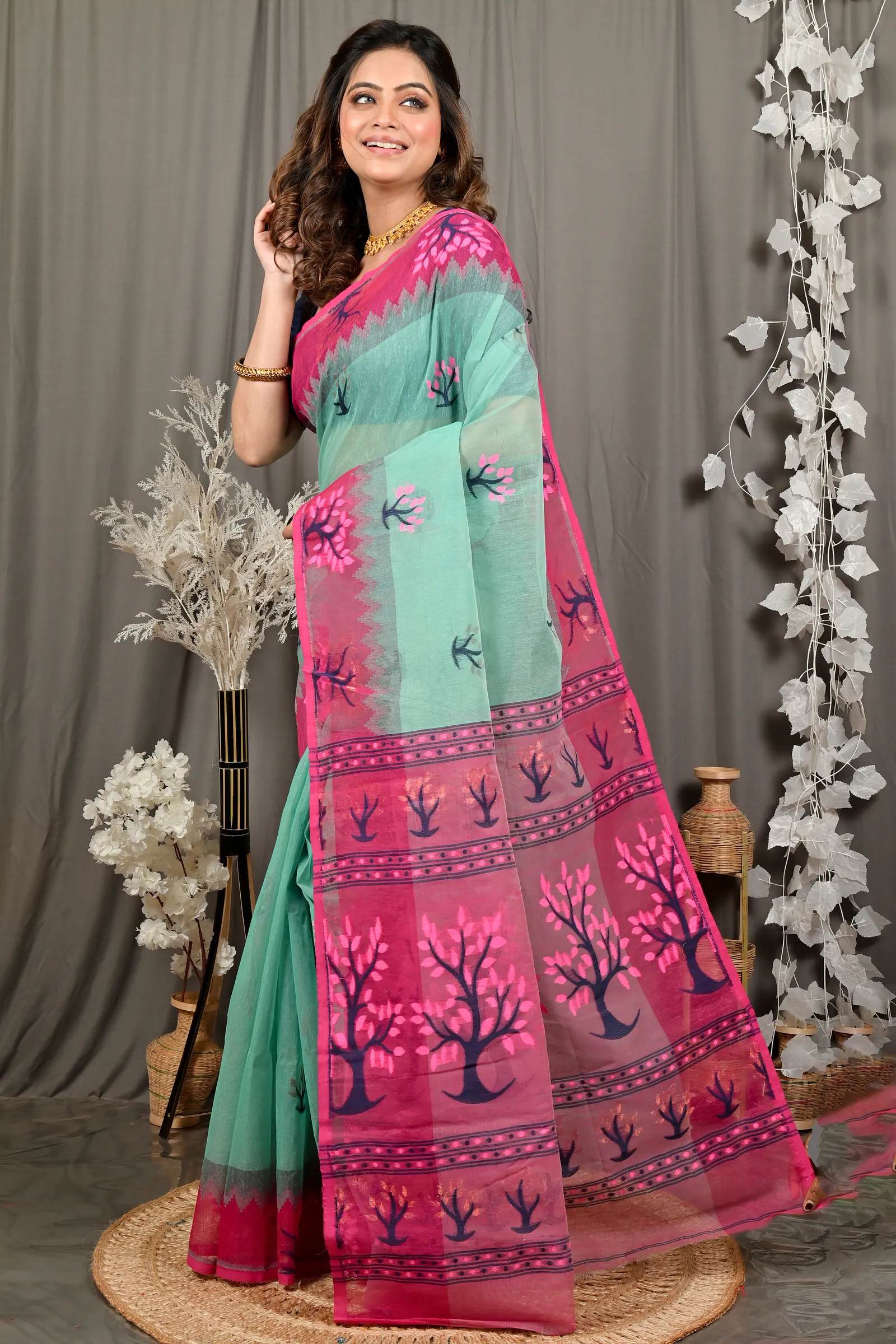 DipDiya Pure Cotton Green Purple Fevai Grace of Bengal Jamdani Sarees