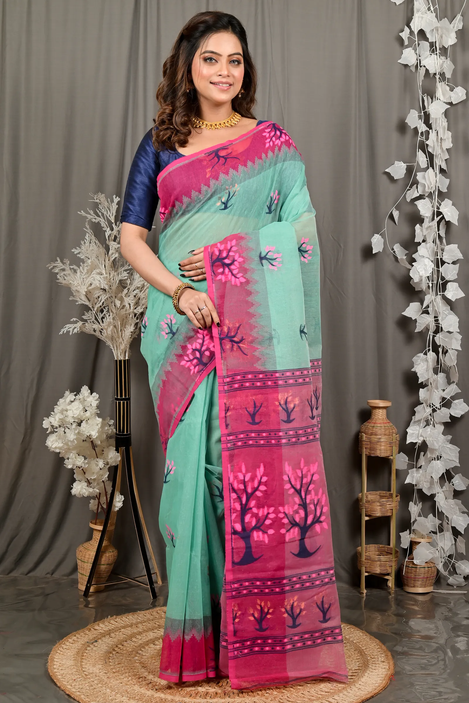 DipDiya Pure Cotton Green Purple Fevai Grace of Bengal Jamdani Sarees