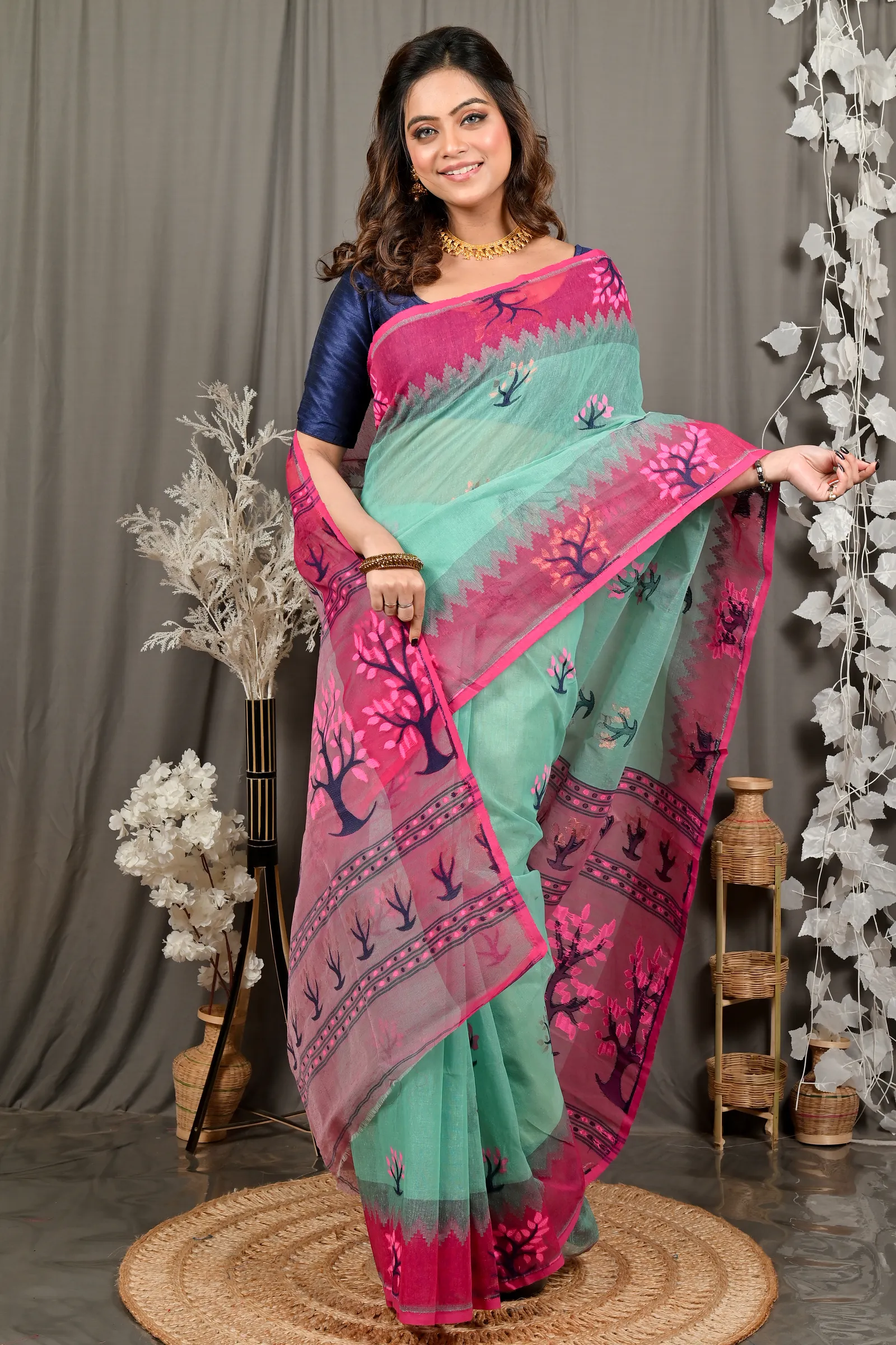 DipDiya Pure Cotton Green Purple Fevai Grace of Bengal Jamdani Sarees