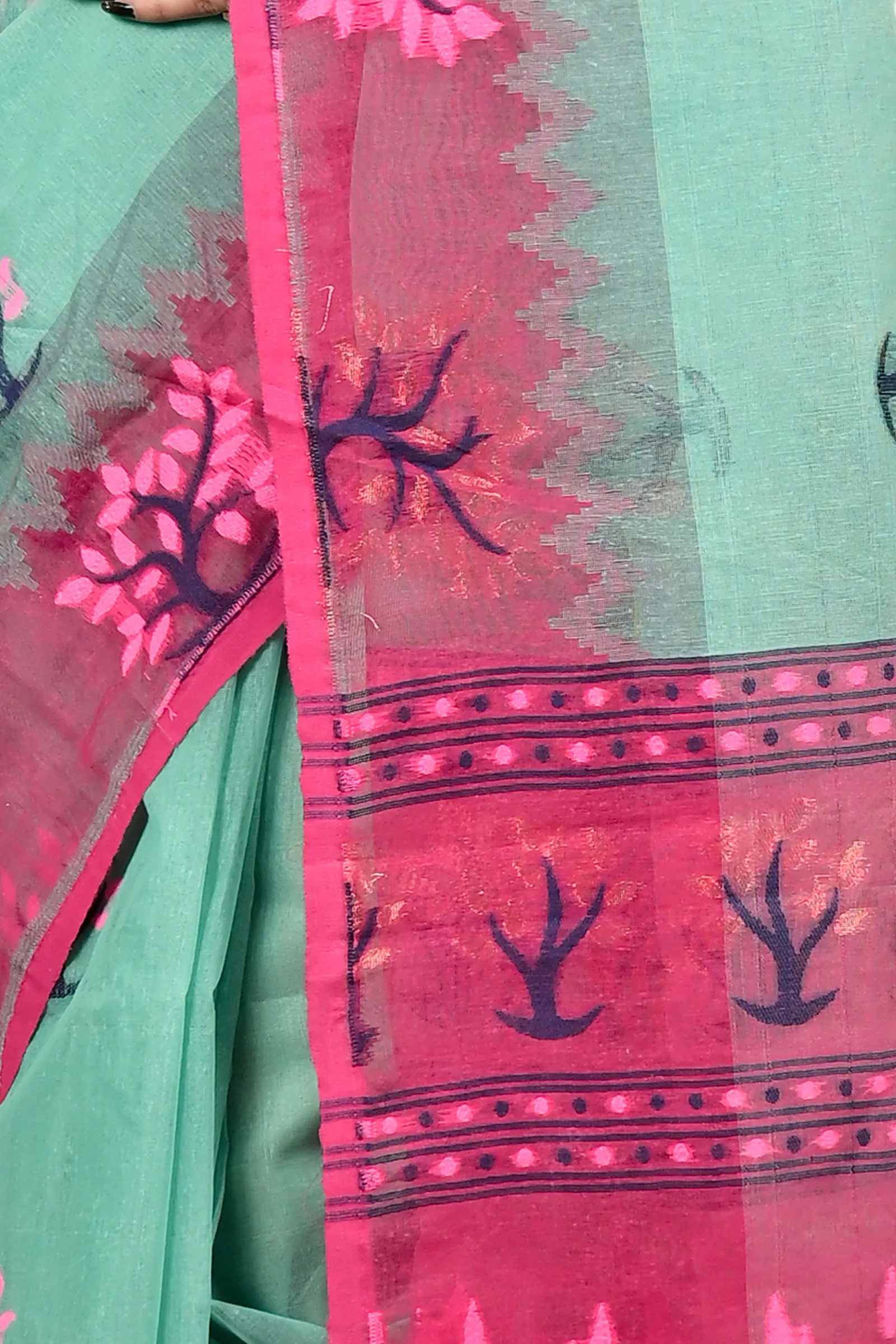 DipDiya Pure Cotton Green Purple Fevai Grace of Bengal Jamdani Sarees