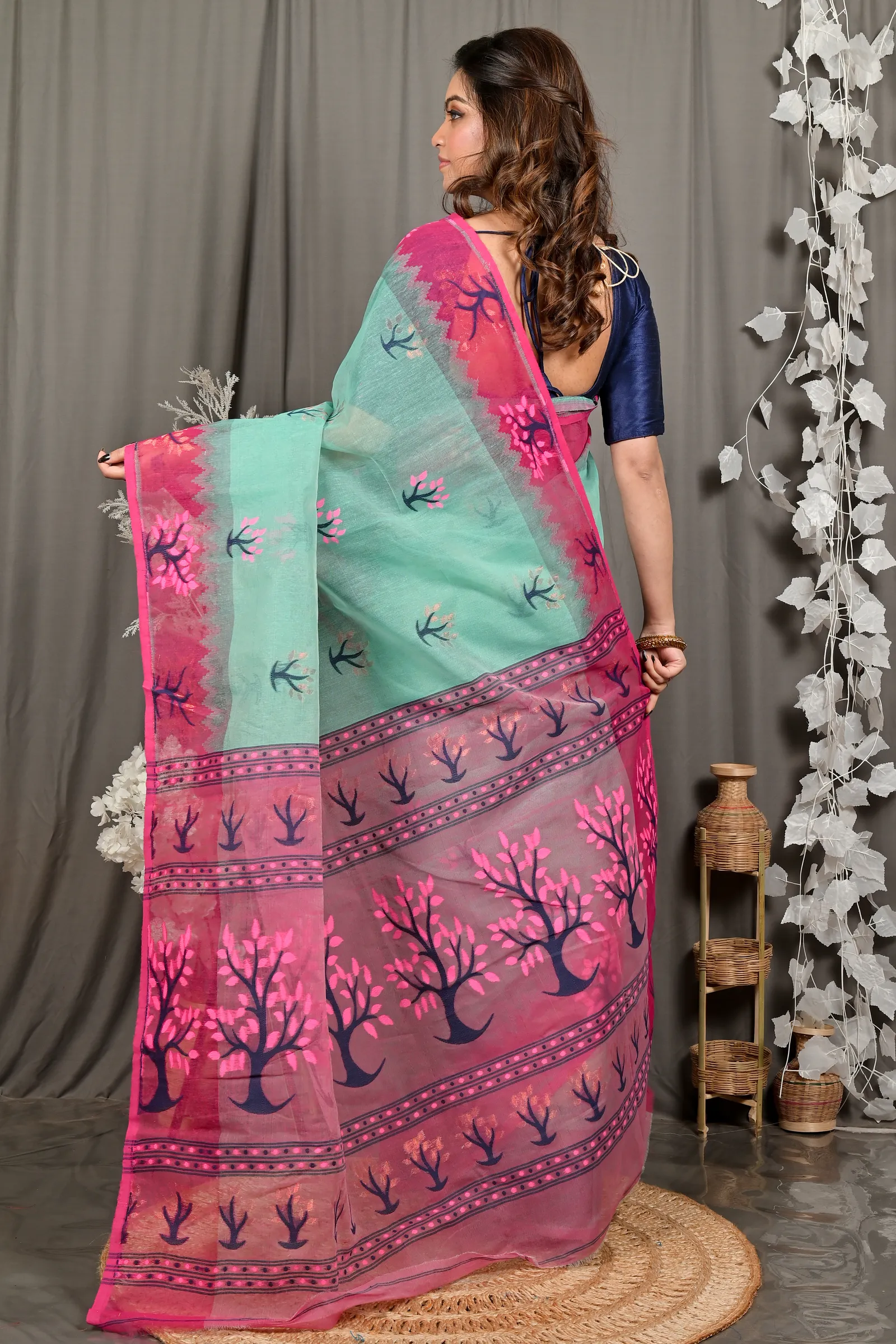 DipDiya Pure Cotton Green Purple Fevai Grace of Bengal Jamdani Sarees