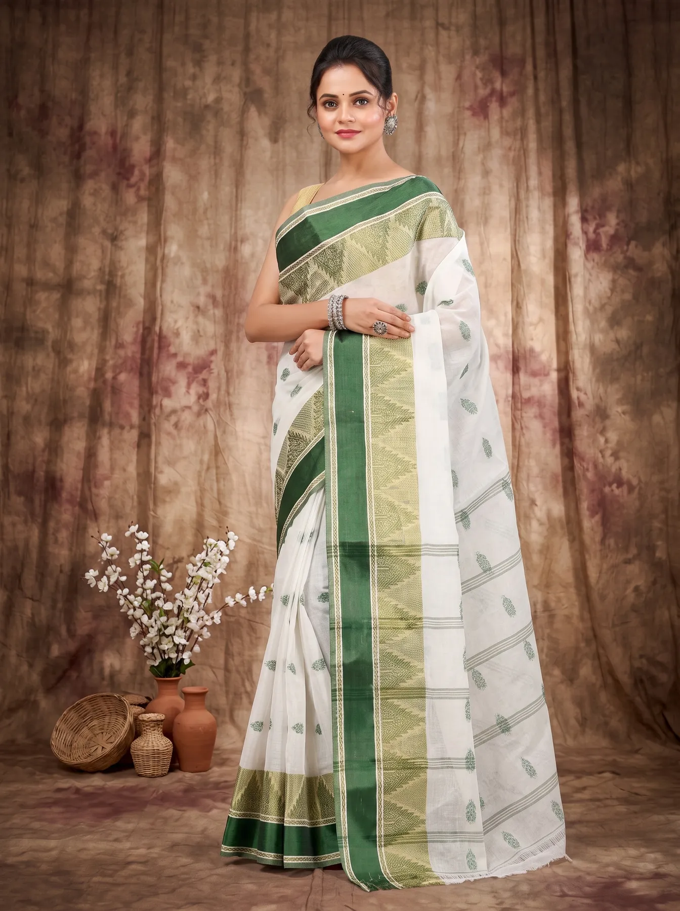 DipDiya Pure Cotton Green Sadasob Handcrafted Elegance Tant Sarees