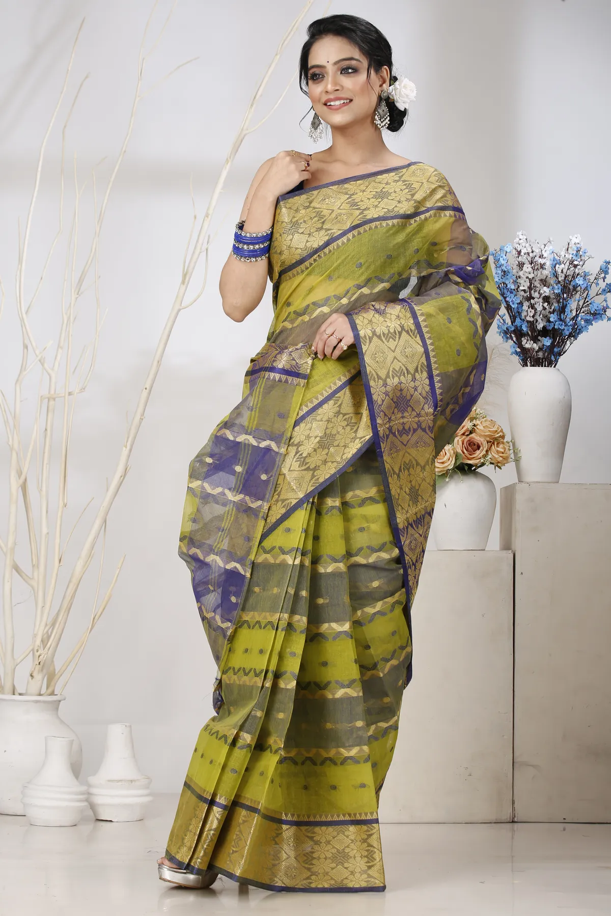 DipDiya Pure Cotton Green SonaJhuri Desiging Heritage of Bengal Tant Sarees