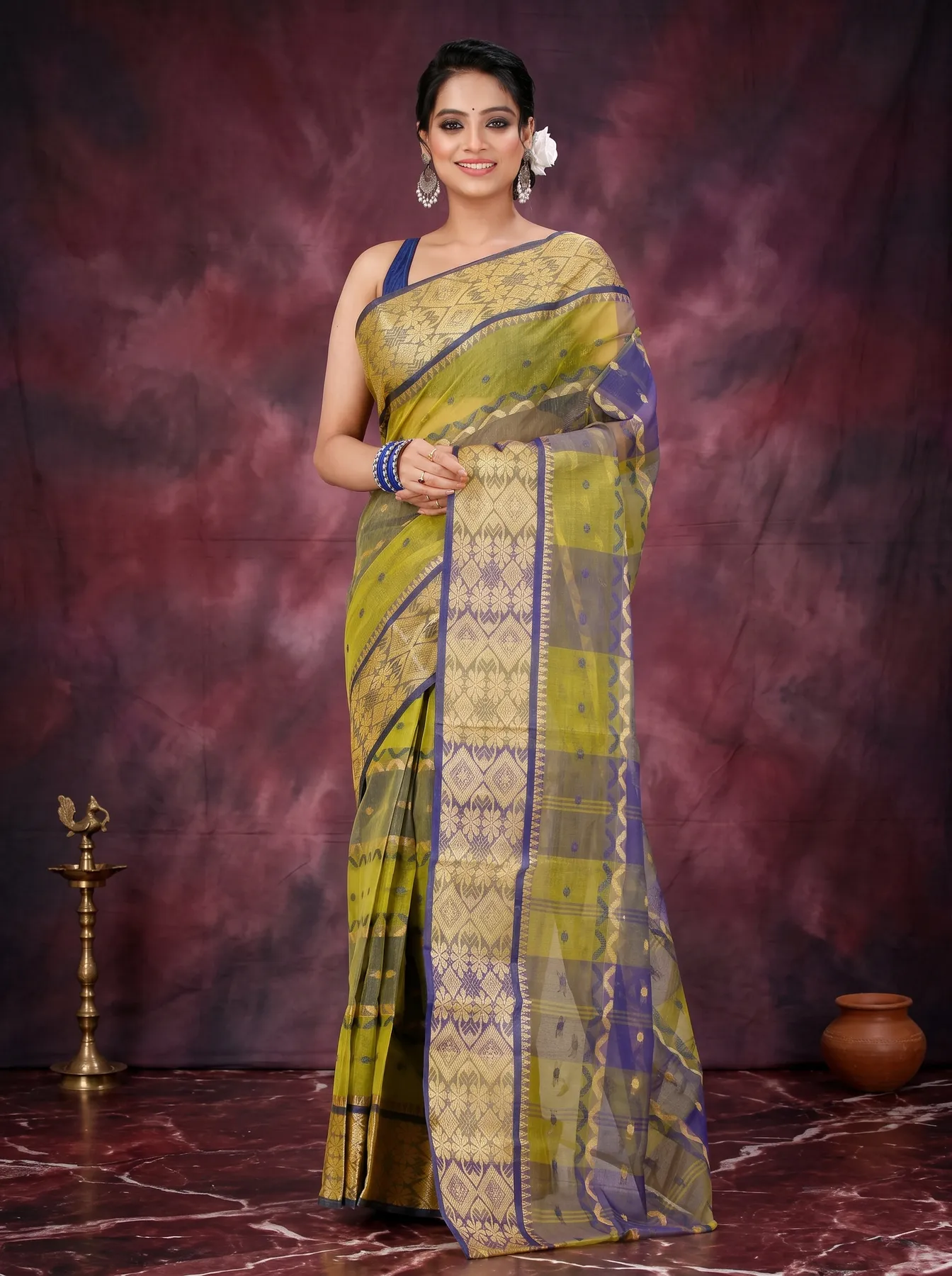 DipDiya Pure Cotton Green SonaJhuri Desiging Heritage of Bengal Tant Sarees