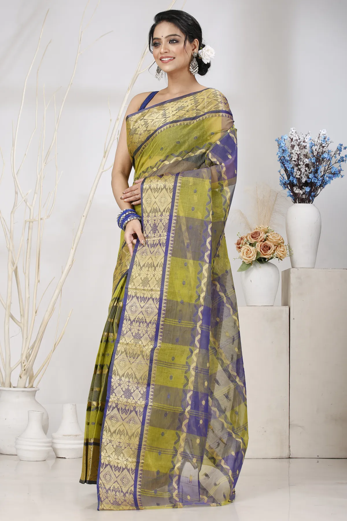 DipDiya Pure Cotton Green SonaJhuri Desiging Heritage of Bengal Tant Sarees