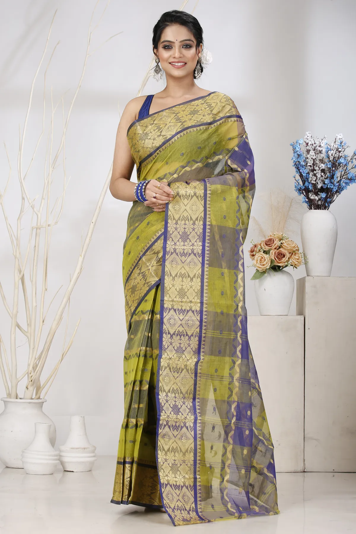 DipDiya Pure Cotton Green SonaJhuri Desiging Heritage of Bengal Tant Sarees