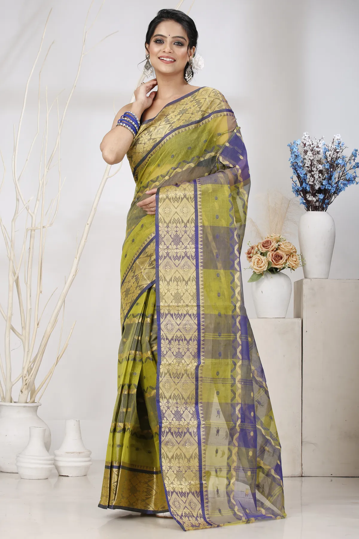 DipDiya Pure Cotton Green SonaJhuri Desiging Heritage of Bengal Tant Sarees