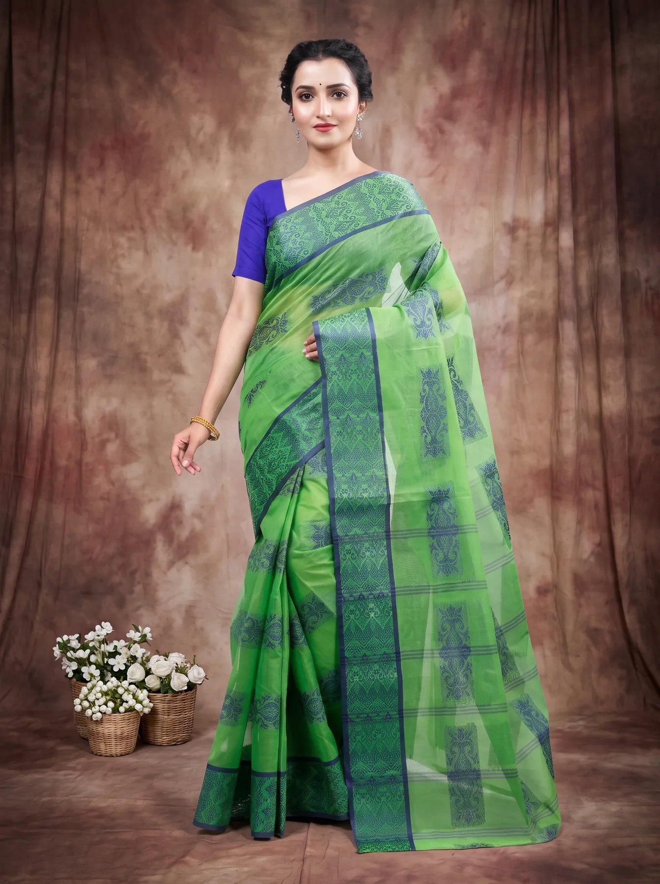DipDiya Pure Cotton Green Strip Suparna Pure Bengali Grace Tant Sarees