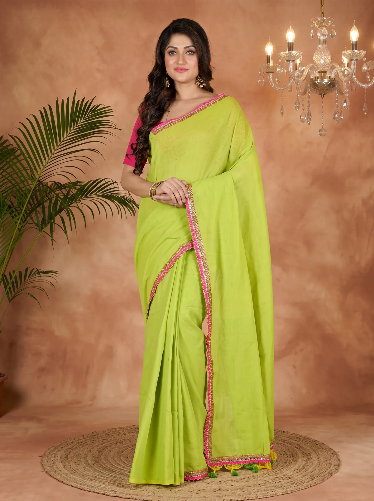 DipDiya Pure Cotton Green Thanli Traditional Bengali Handloom Sarees