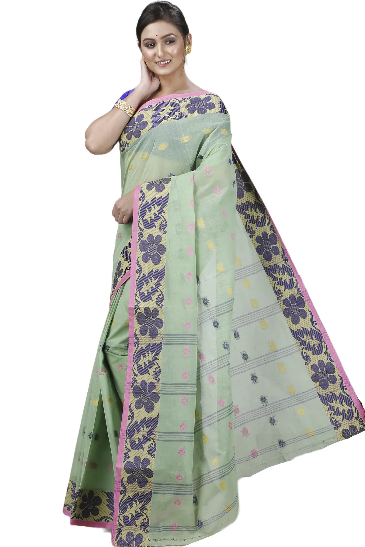 DipDiya Pure Cotton Green Ushi Handloom Heritage Tant Sarees