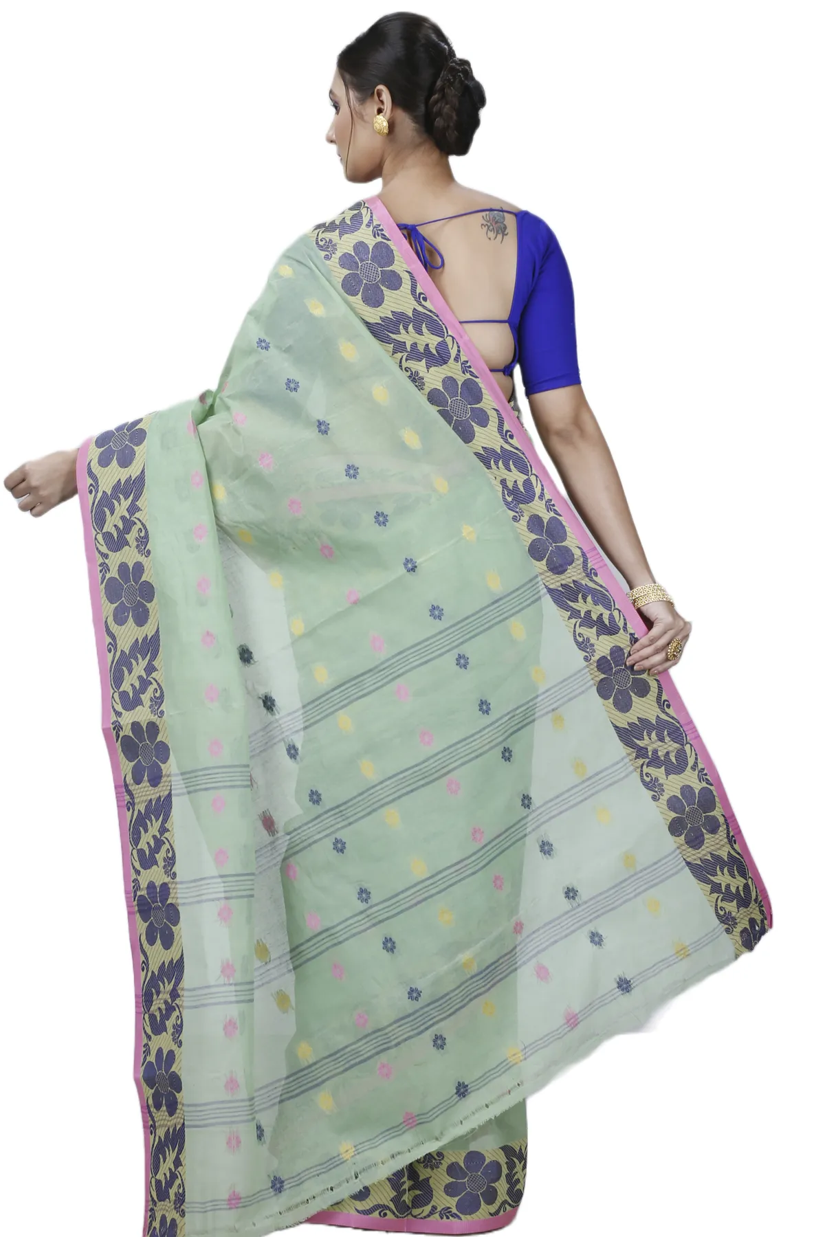 DipDiya Pure Cotton Green Ushi Handloom Heritage Tant Sarees
