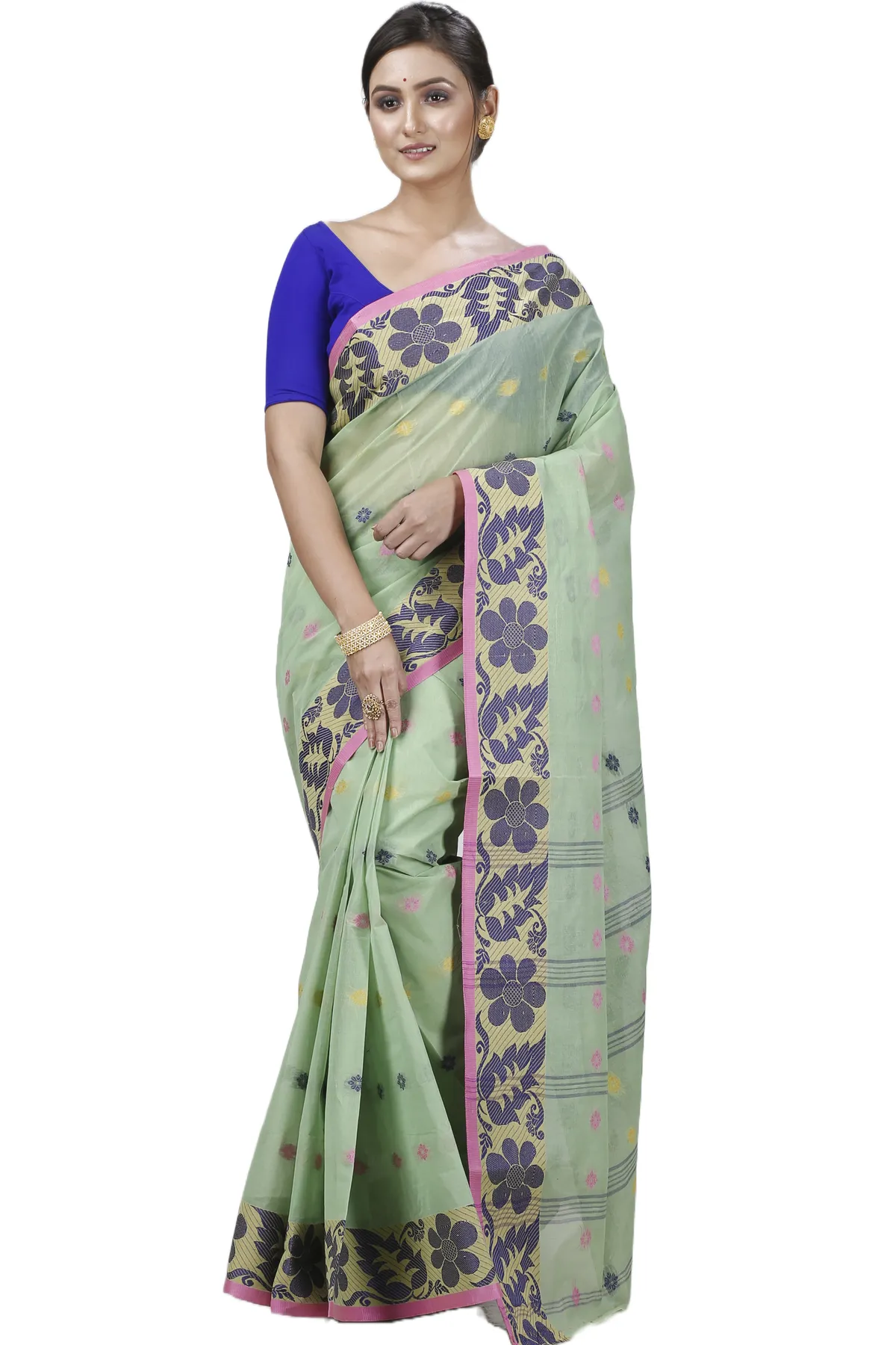 DipDiya Pure Cotton Green Ushi Handloom Heritage Tant Sarees