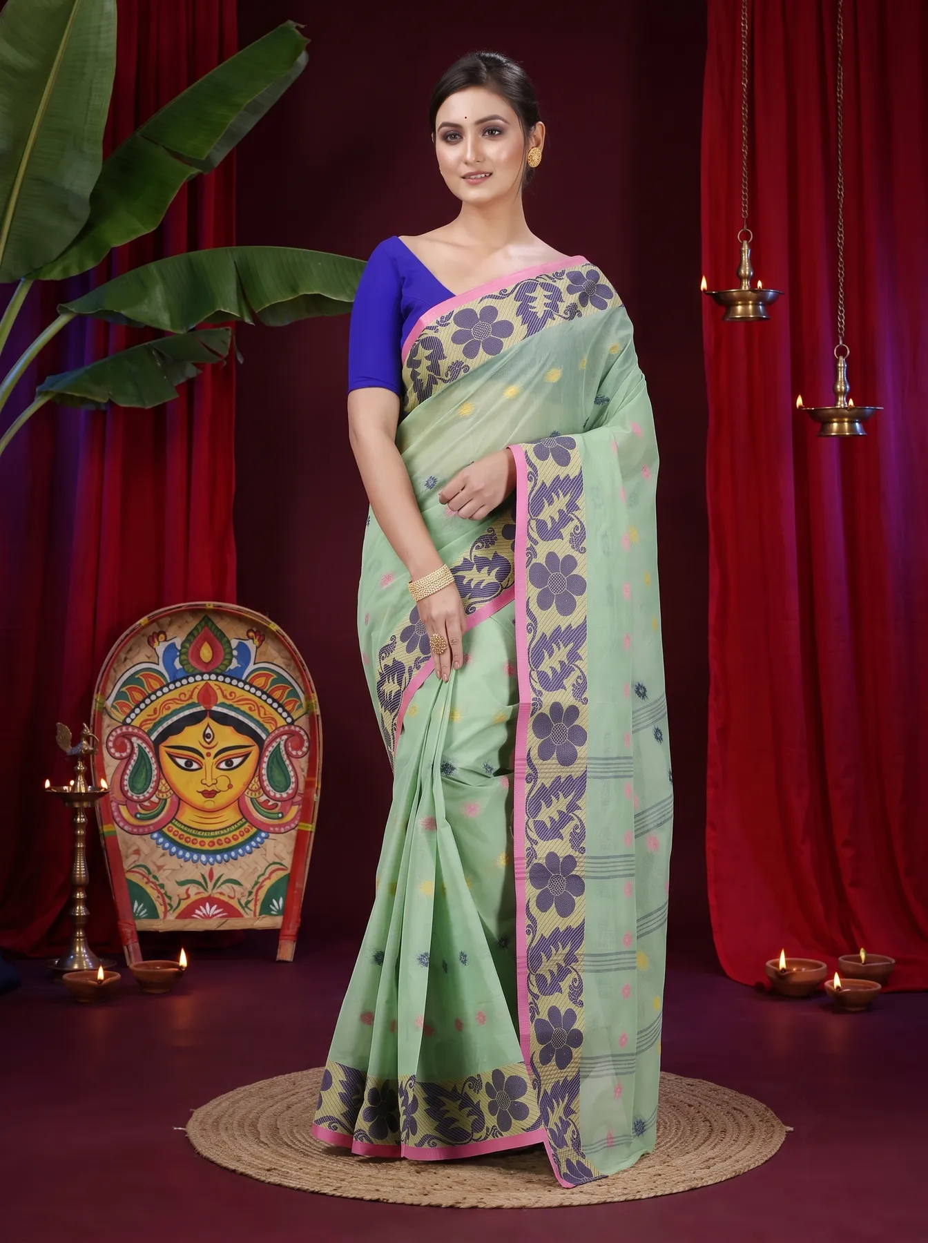 DipDiya Pure Cotton Green Ushi Handloom Heritage Tant Sarees