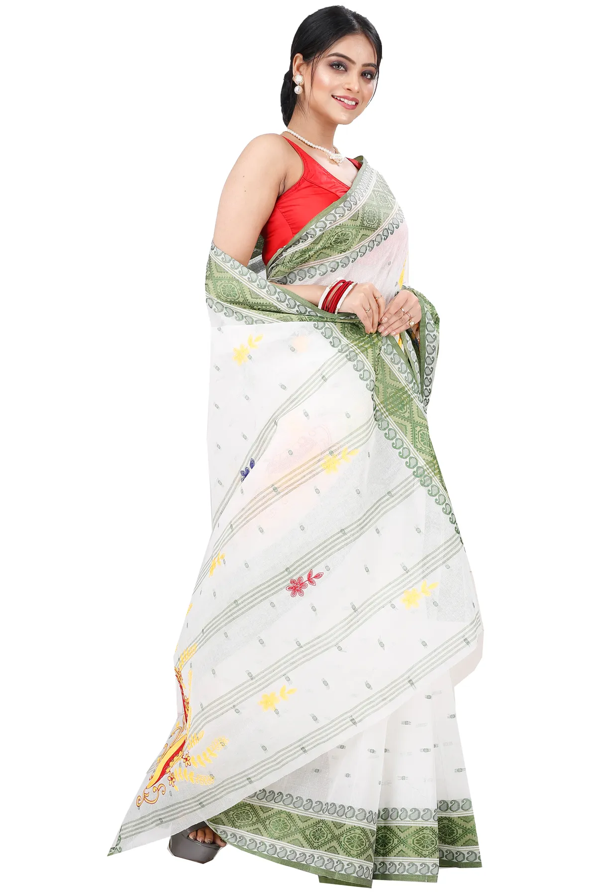 DipDiya Pure Cotton Green White Embi Boysko Ghot Bengal in Every Thread Embroidery Tant Sarees