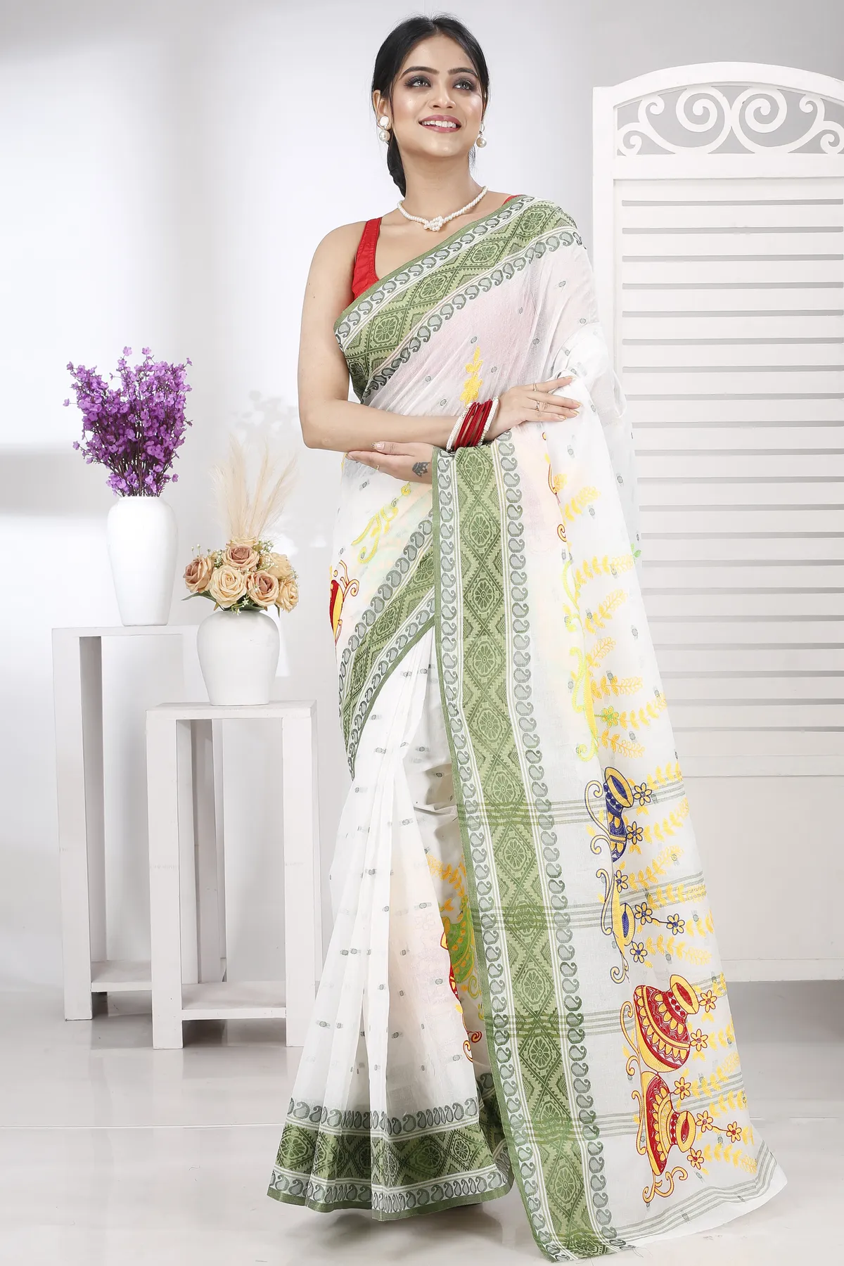 DipDiya Pure Cotton Green White Embi Boysko Ghot Bengal in Every Thread Embroidery Tant Sarees