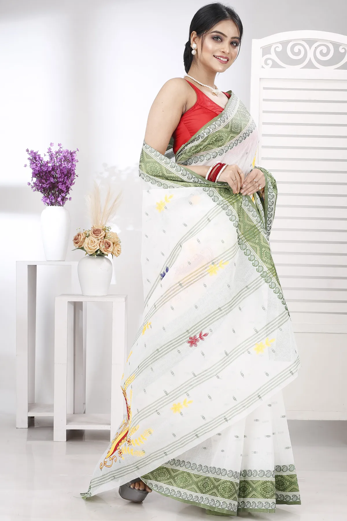 DipDiya Pure Cotton Green White Embi Boysko Ghot Bengal in Every Thread Embroidery Tant Sarees