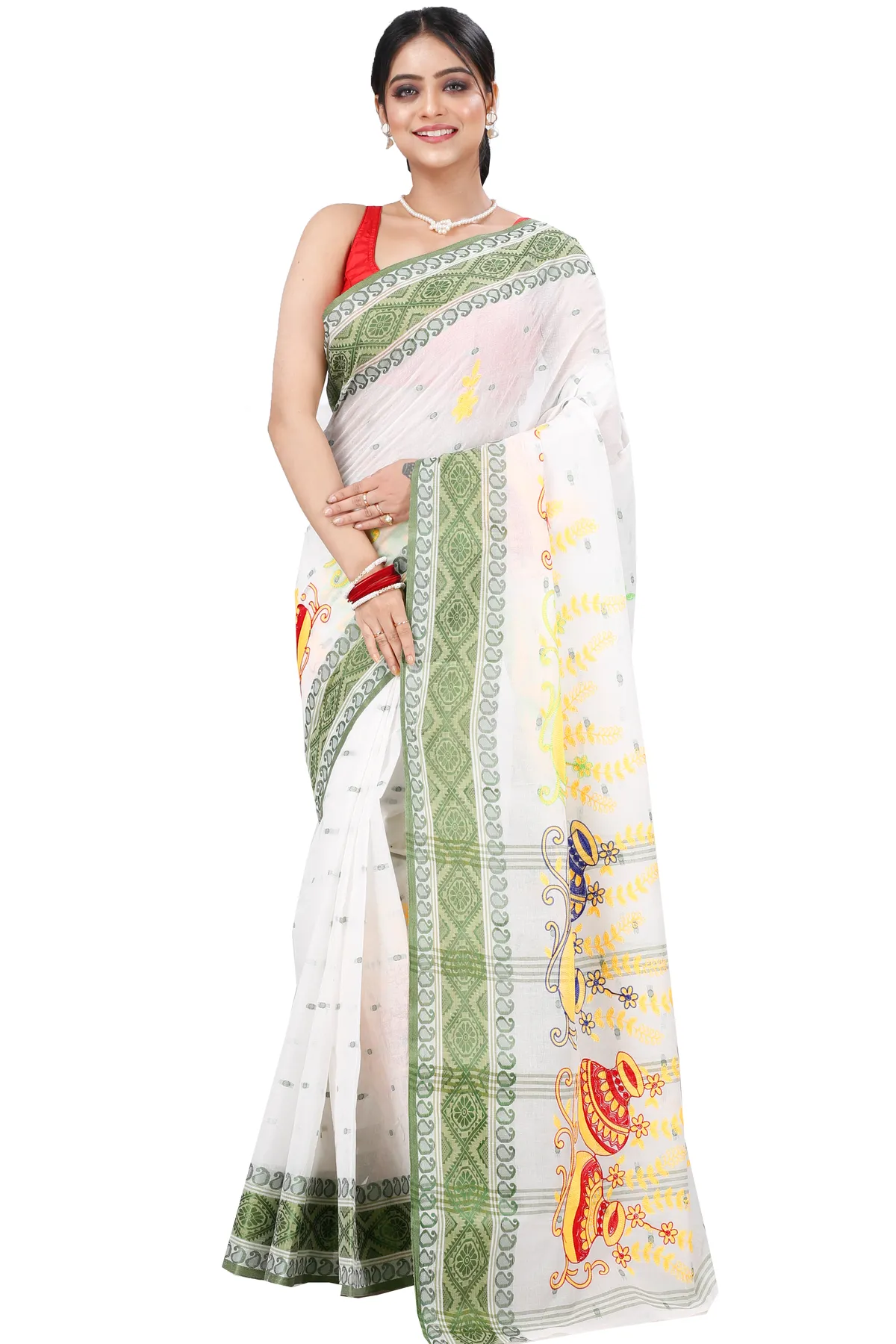 DipDiya Pure Cotton Green White Embi Boysko Ghot Bengal in Every Thread Embroidery Tant Sarees