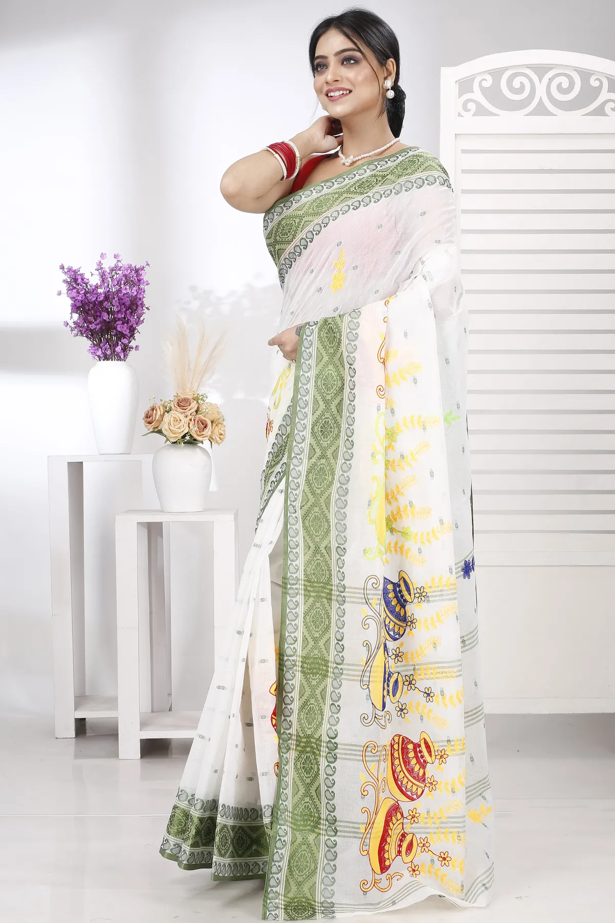 DipDiya Pure Cotton Green White Embi Boysko Ghot Bengal in Every Thread Embroidery Tant Sarees