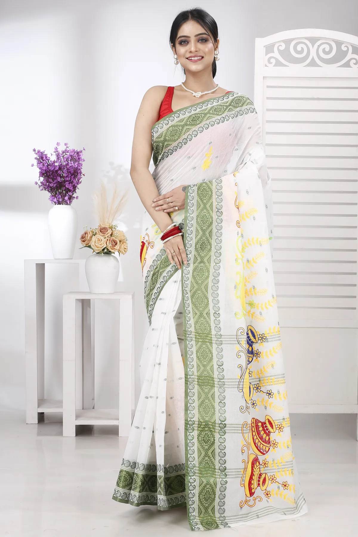DipDiya Pure Cotton Green White Embi Boysko Ghot Bengal in Every Thread Embroidery Tant Sarees