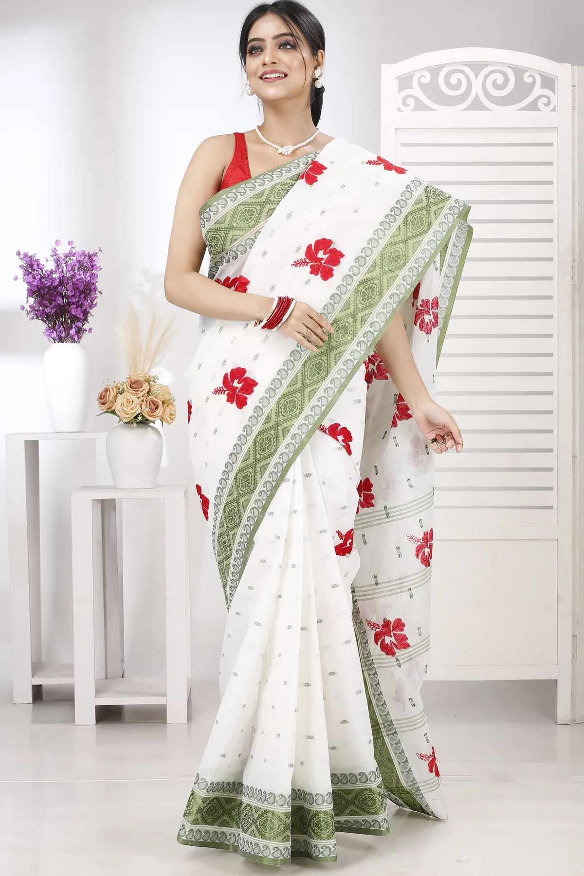 DipDiya Pure Cotton Green White Embi Boysko Jova Threads of Tradition Embroidery Tant Sarees