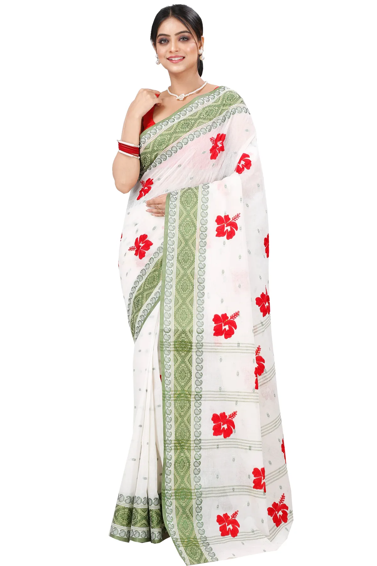 DipDiya Pure Cotton Green White Embi Boysko Jova Threads of Tradition Embroidery Tant Sarees