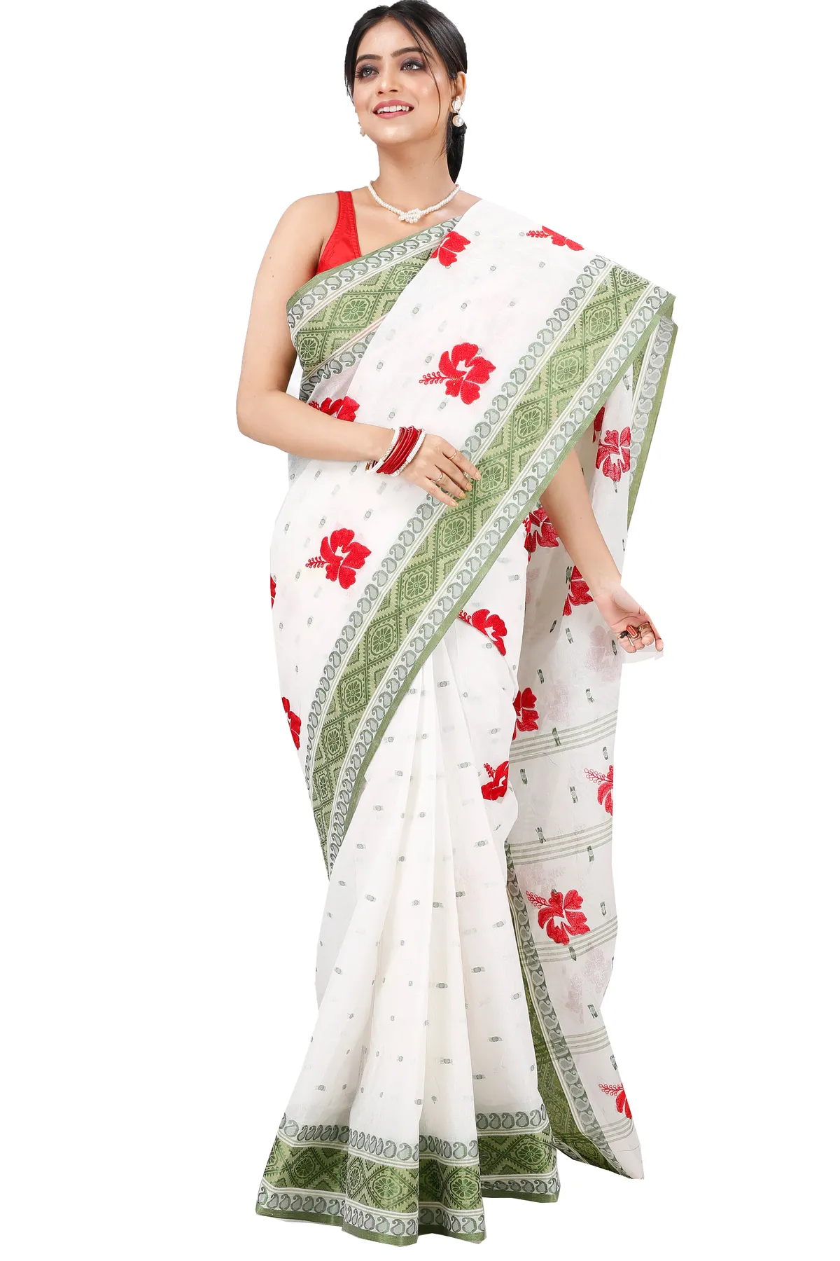 DipDiya Pure Cotton Green White Embi Boysko Jova Threads of Tradition Embroidery Tant Sarees