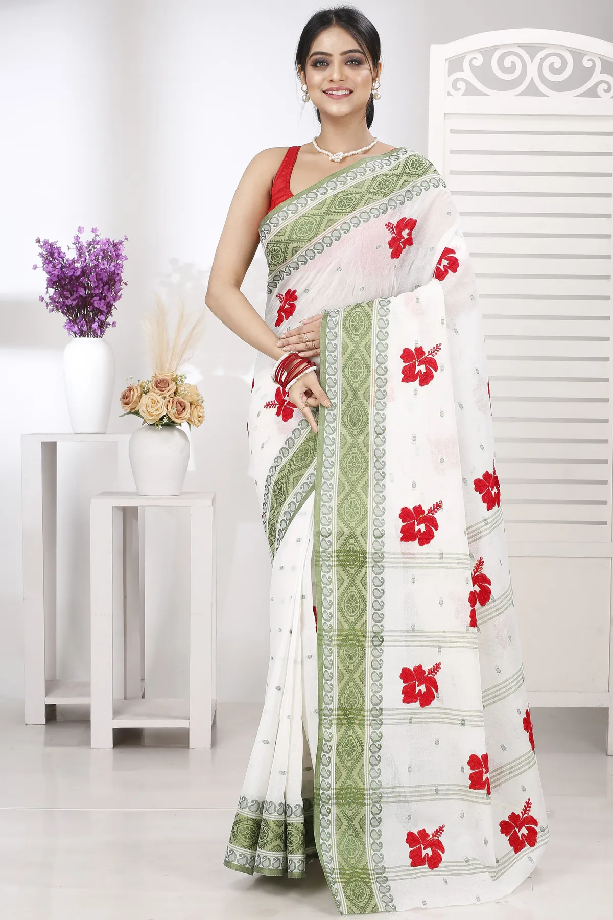 DipDiya Pure Cotton Green White Embi Boysko Jova Threads of Tradition Embroidery Tant Sarees