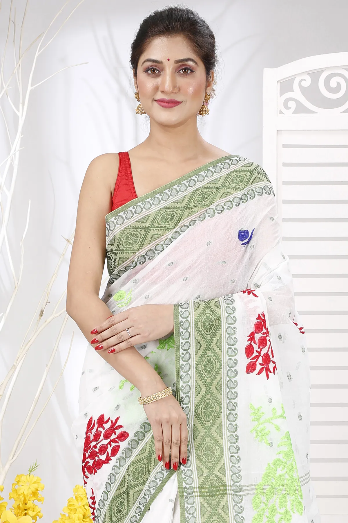 DipDiya Pure Cotton Green White Embi Boysko Moyur Woven by Hand Embroidery Tant Sarees