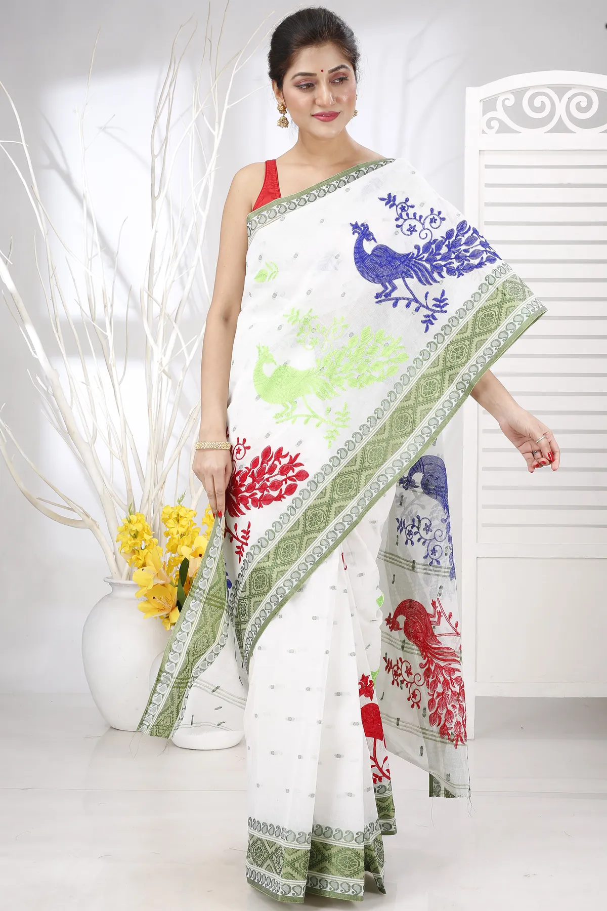 DipDiya Pure Cotton Green White Embi Boysko Moyur Woven by Hand Embroidery Tant Sarees