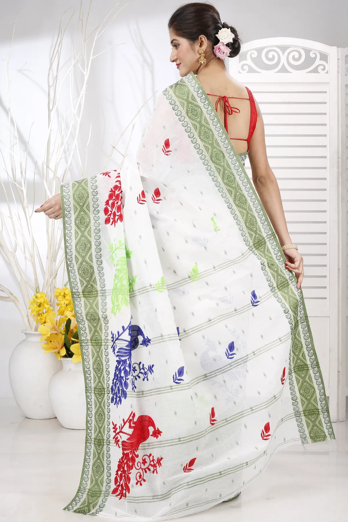 DipDiya Pure Cotton Green White Embi Boysko Moyur Woven by Hand Embroidery Tant Sarees