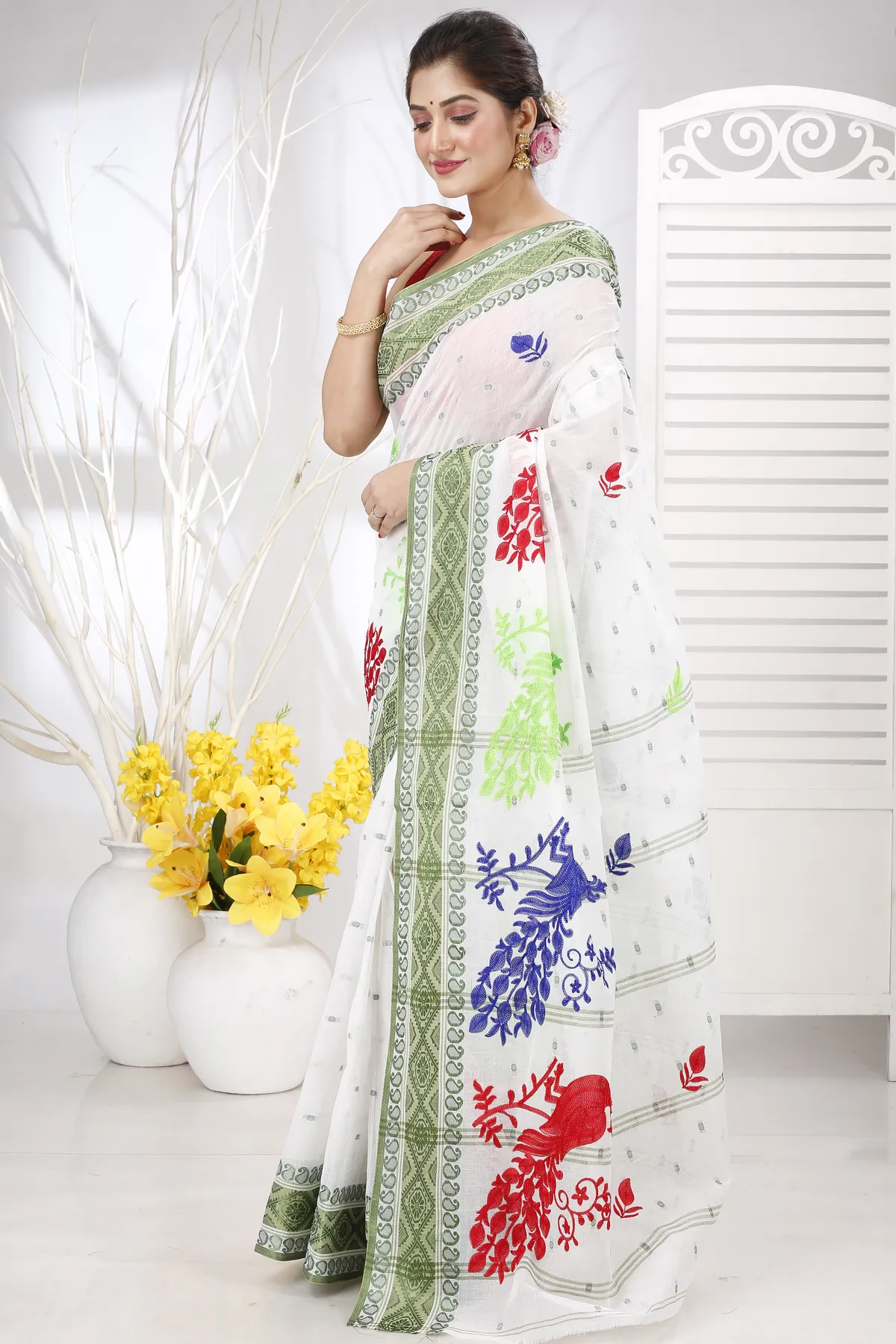 DipDiya Pure Cotton Green White Embi Boysko Moyur Woven by Hand Embroidery Tant Sarees