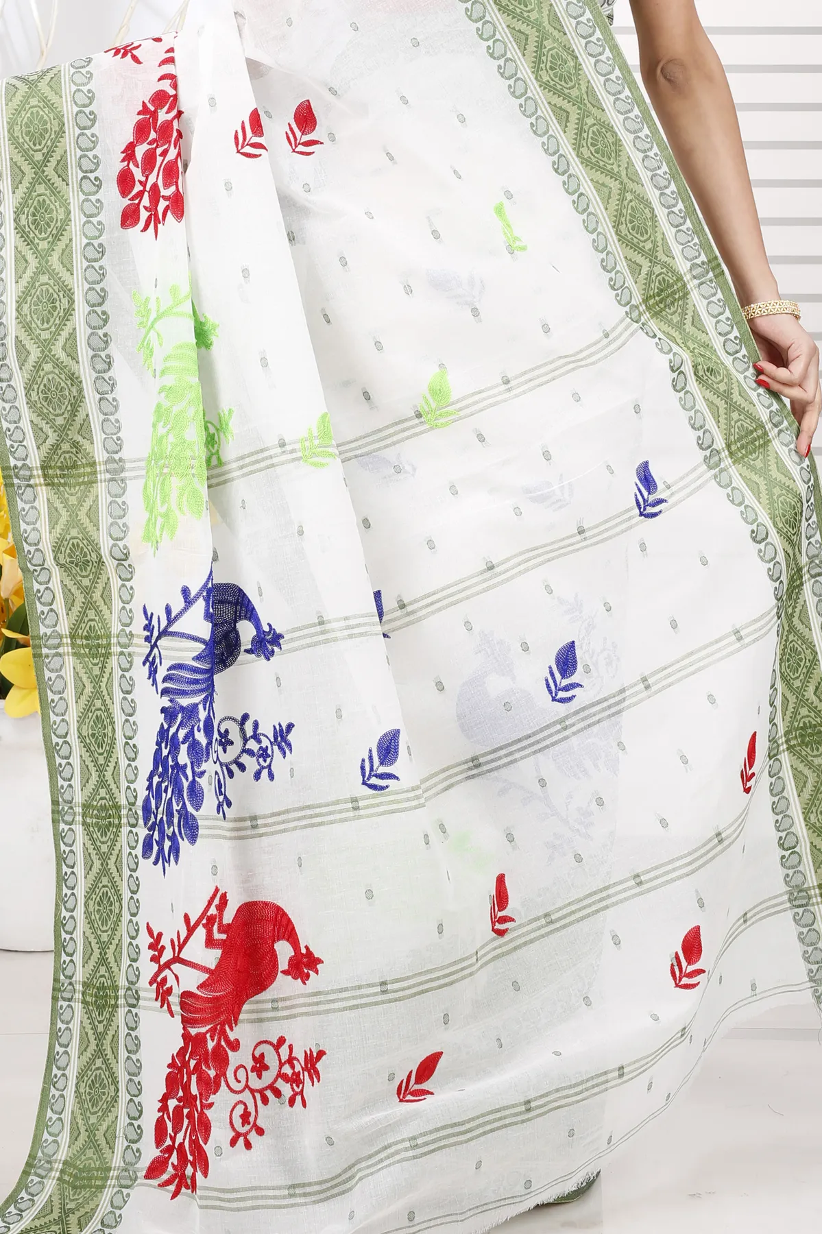 DipDiya Pure Cotton Green White Embi Boysko Moyur Woven by Hand Embroidery Tant Sarees