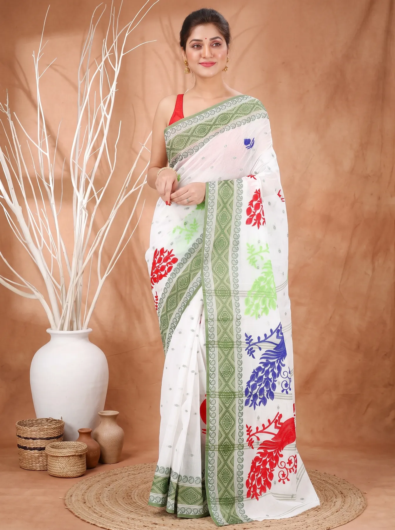 DipDiya Pure Cotton Green White Embi Boysko Moyur Woven by Hand Embroidery Tant Sarees