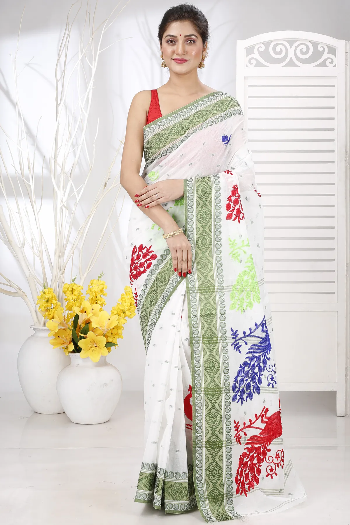 DipDiya Pure Cotton Green White Embi Boysko Moyur Woven by Hand Embroidery Tant Sarees