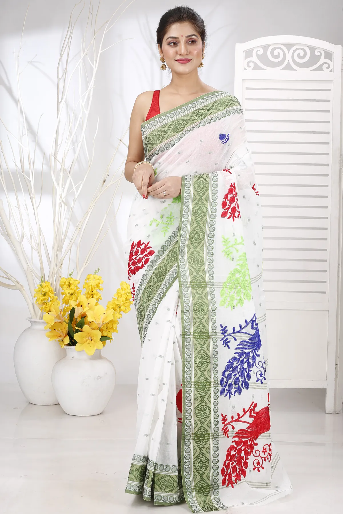 DipDiya Pure Cotton Green White Embi Boysko Moyur Woven by Hand Embroidery Tant Sarees