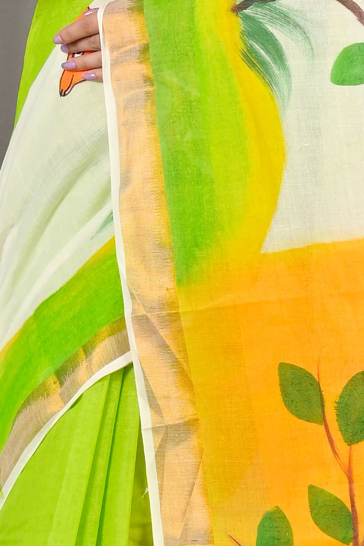 DipDiya Pure Cotton Green White Hataka Pure Bengali Graces Hand Painted Sarees