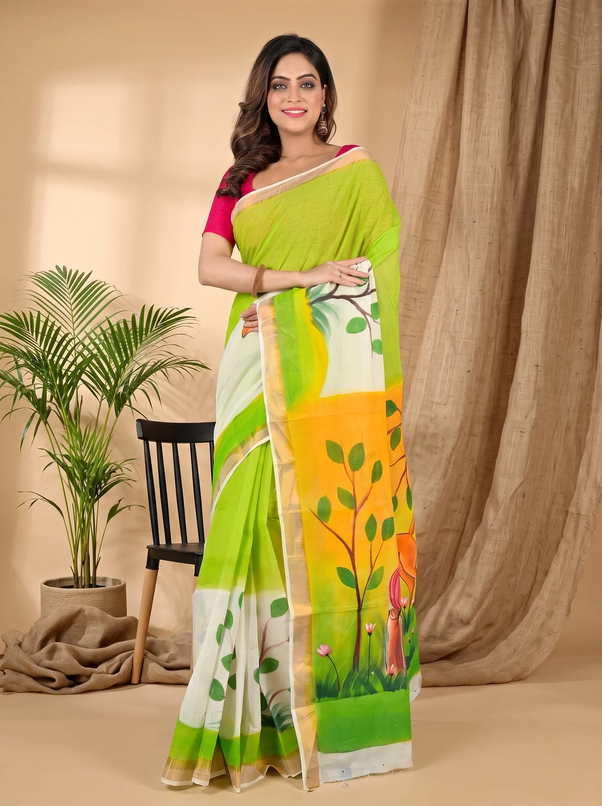 DipDiya Pure Cotton Green White Hataka Pure Bengali Graces Hand Painted Sarees