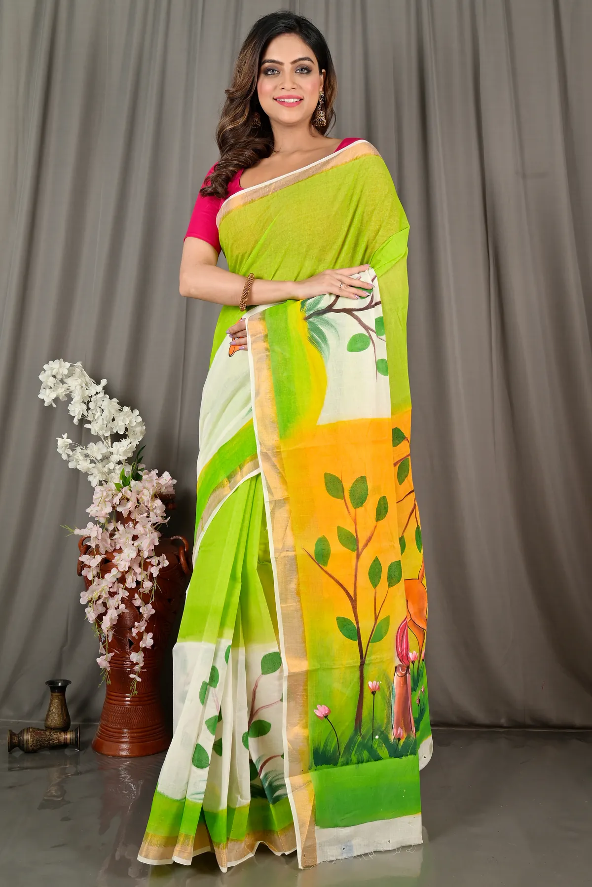 DipDiya Pure Cotton Green White Hataka Pure Bengali Graces Hand Painted Sarees