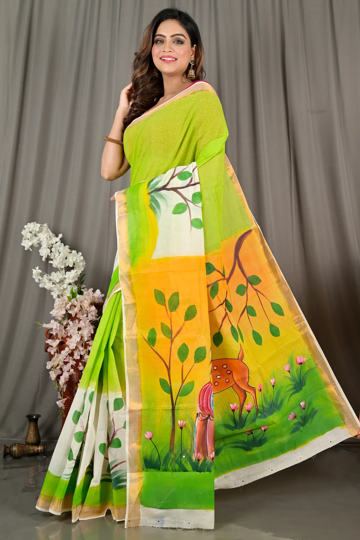 DipDiya Pure Cotton Green White Hataka Pure Bengali Graces Hand Painted Sarees