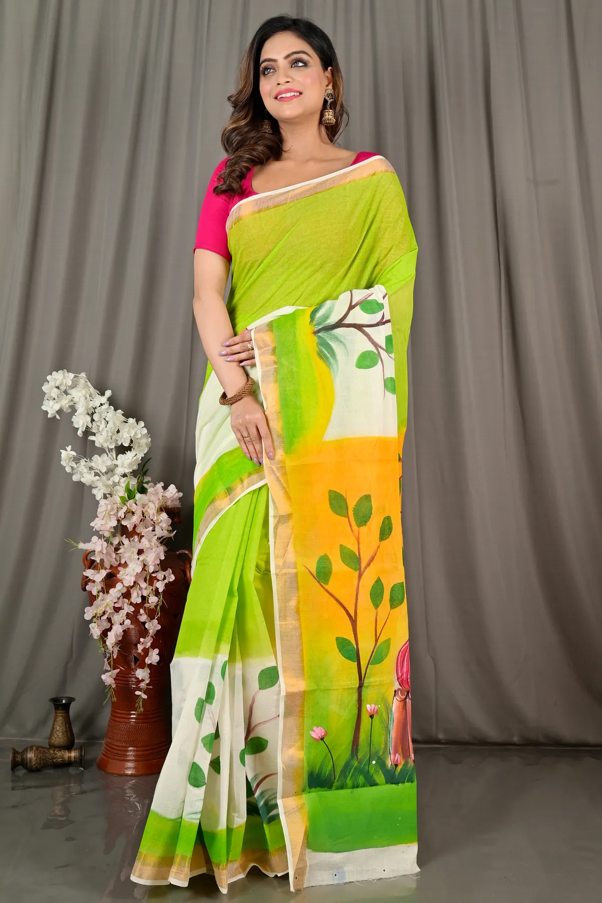 DipDiya Pure Cotton Green White Hataka Pure Bengali Graces Hand Painted Sarees