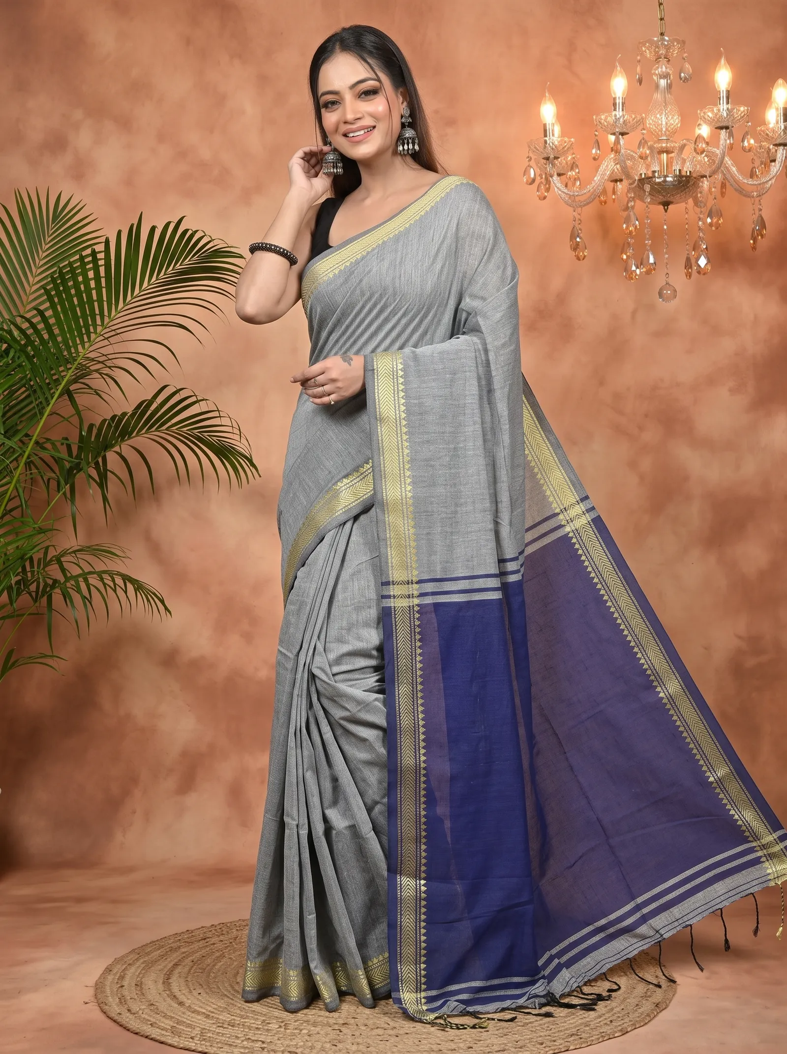DipDiya Pure Cotton Grey Blue Nopra Bengal’s Legacy Handloom Sarees