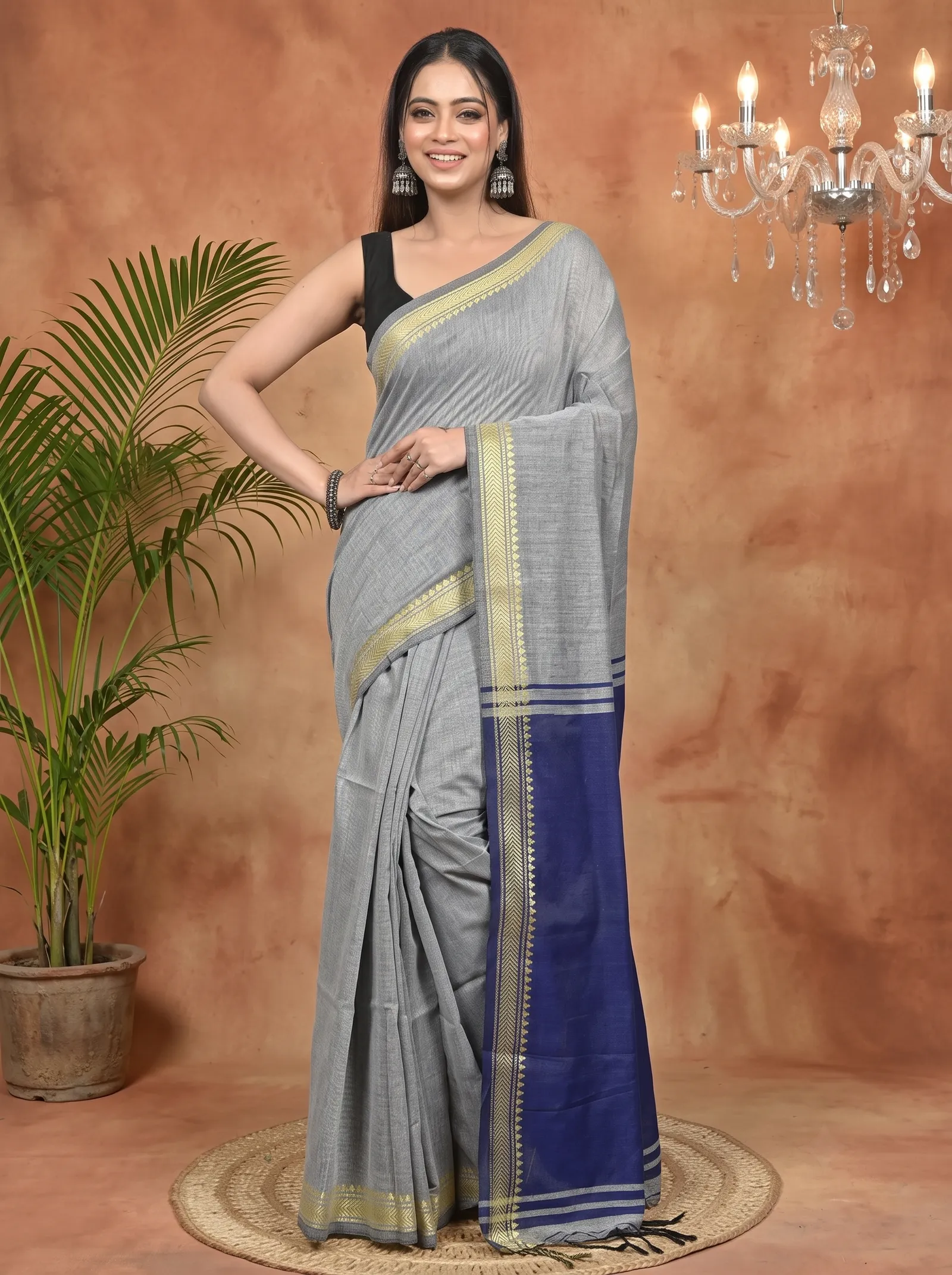 DipDiya Pure Cotton Grey Blue Nopra Bengal’s Legacy Handloom Sarees