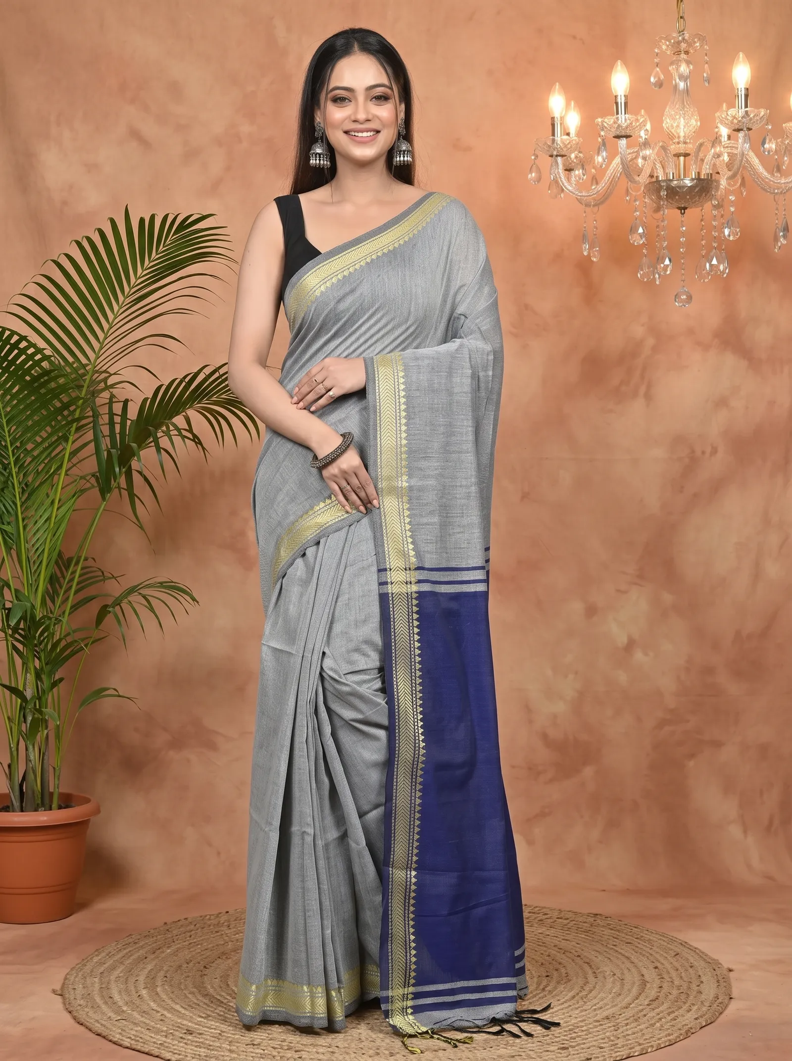 DipDiya Pure Cotton Grey Blue Nopra Bengal’s Legacy Handloom Sarees