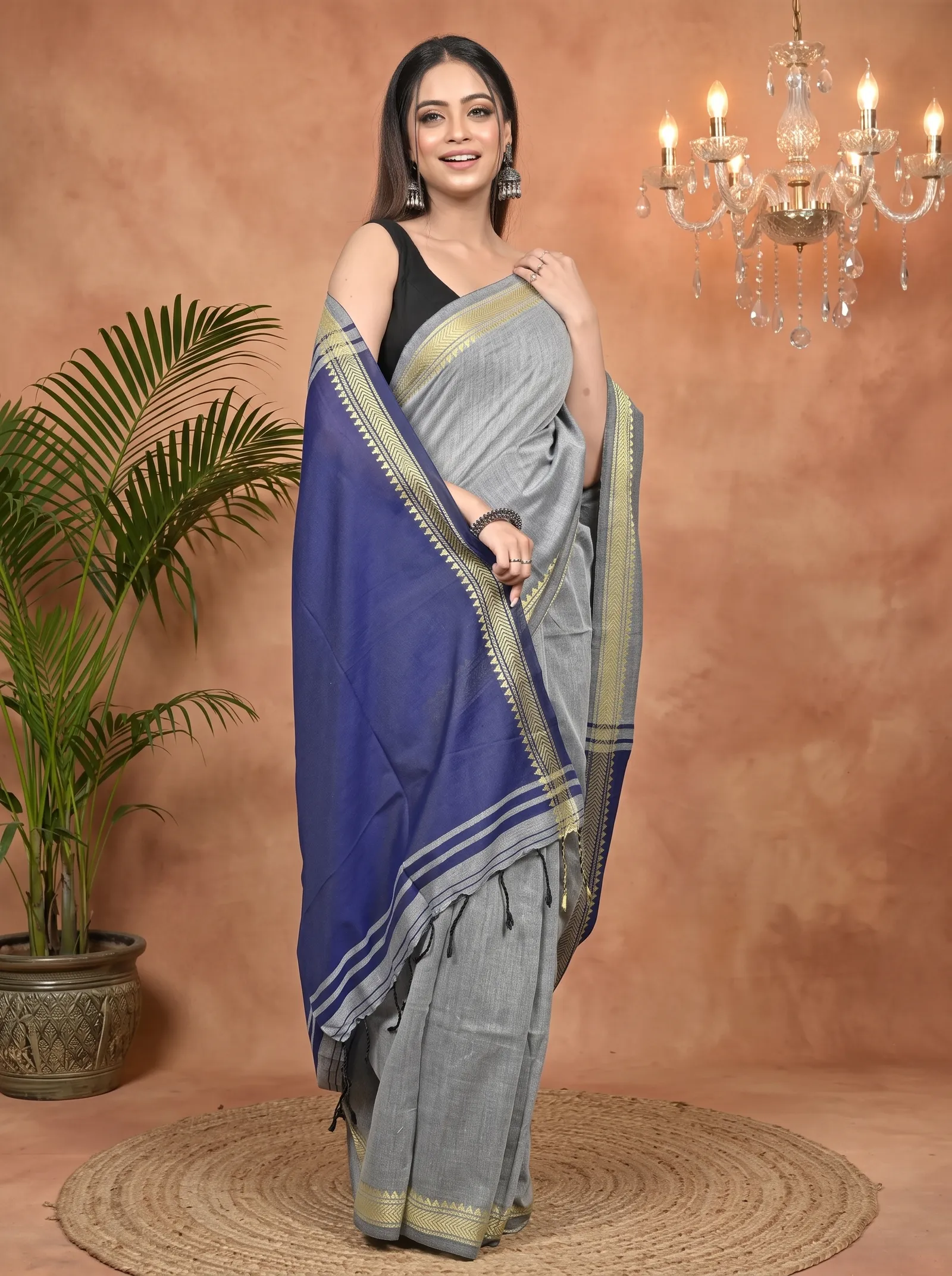 DipDiya Pure Cotton Grey Blue Nopra Bengal’s Legacy Handloom Sarees