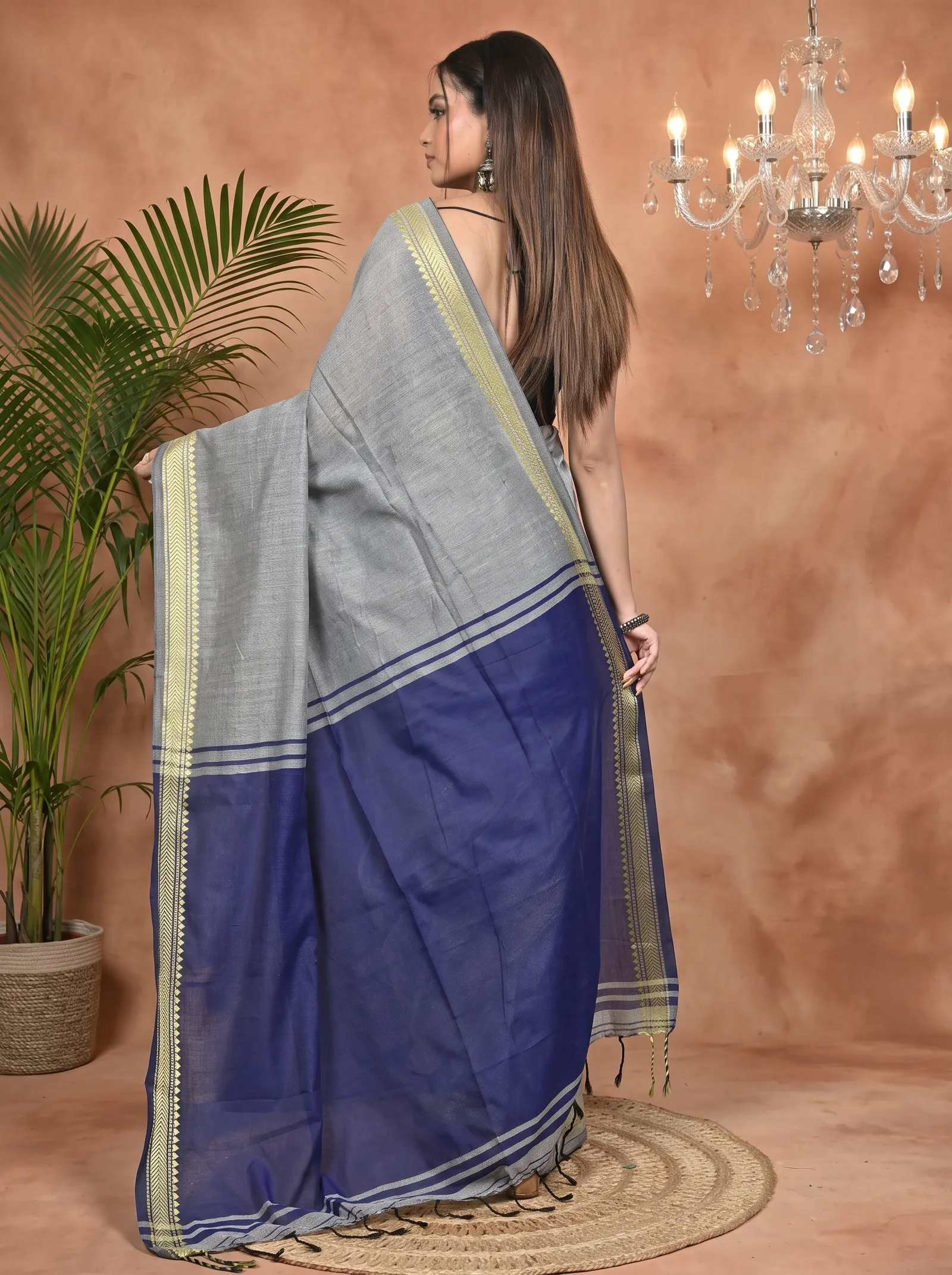DipDiya Pure Cotton Grey Blue Nopra Bengal’s Legacy Handloom Sarees