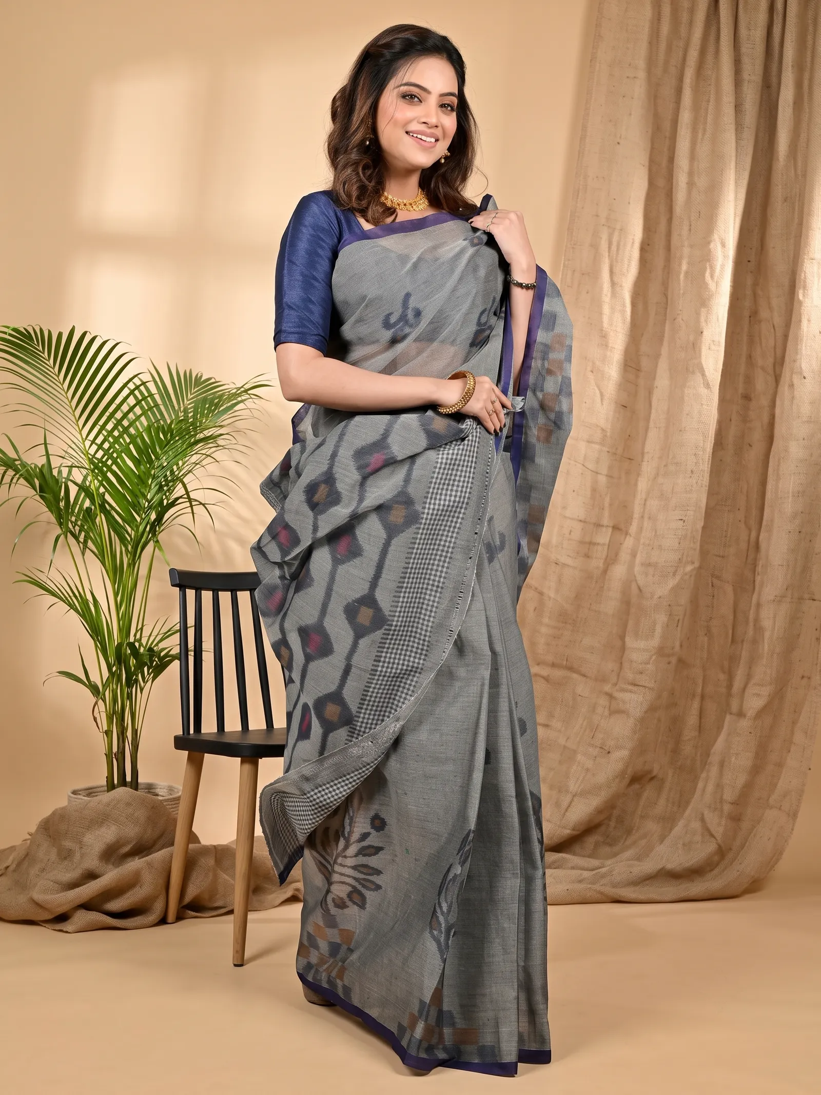 DipDiya Pure Cotton Grey Dipui Timeless Bengal Printed Tant Sarees