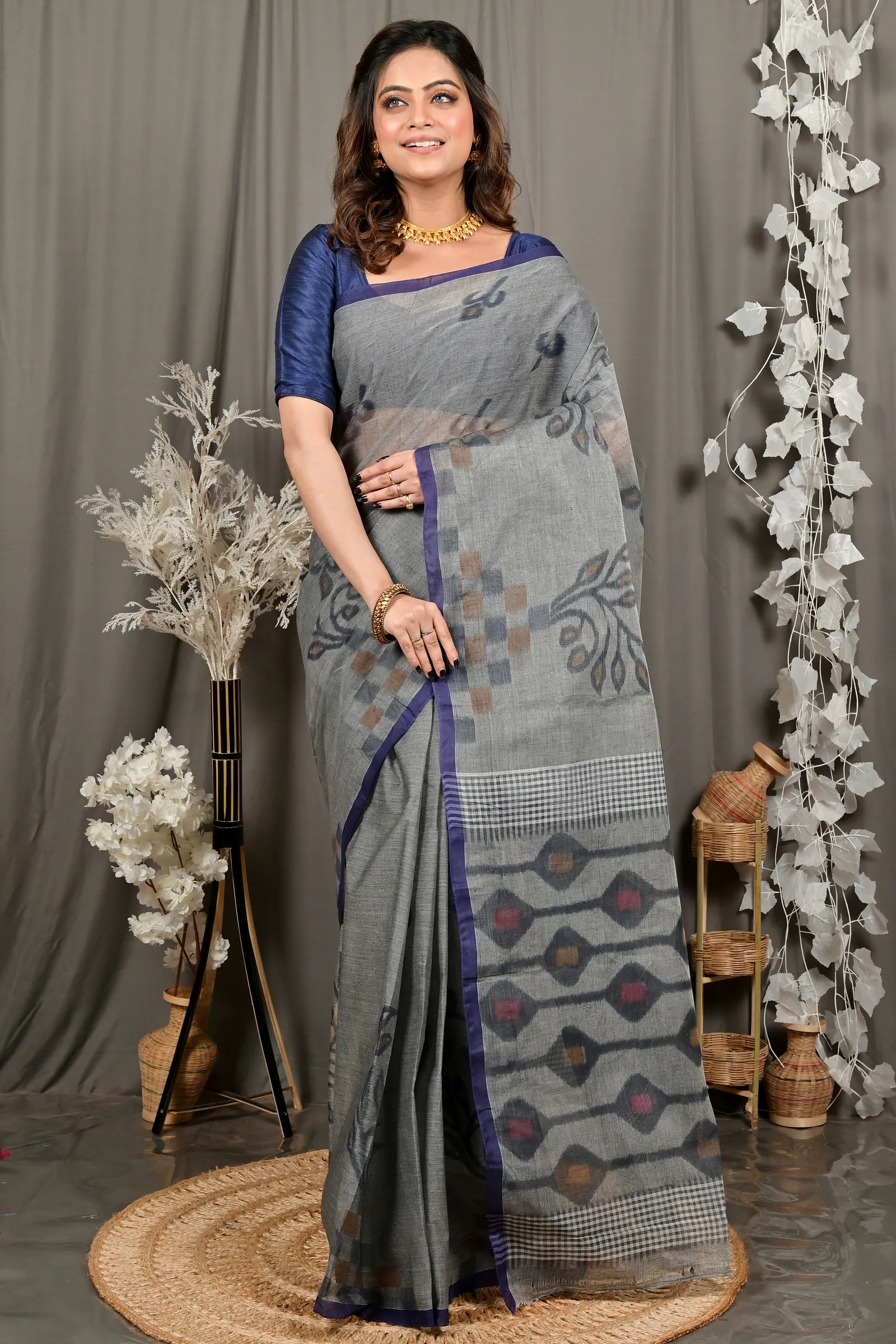DipDiya Pure Cotton Grey Dipui Timeless Bengal Printed Tant Sarees
