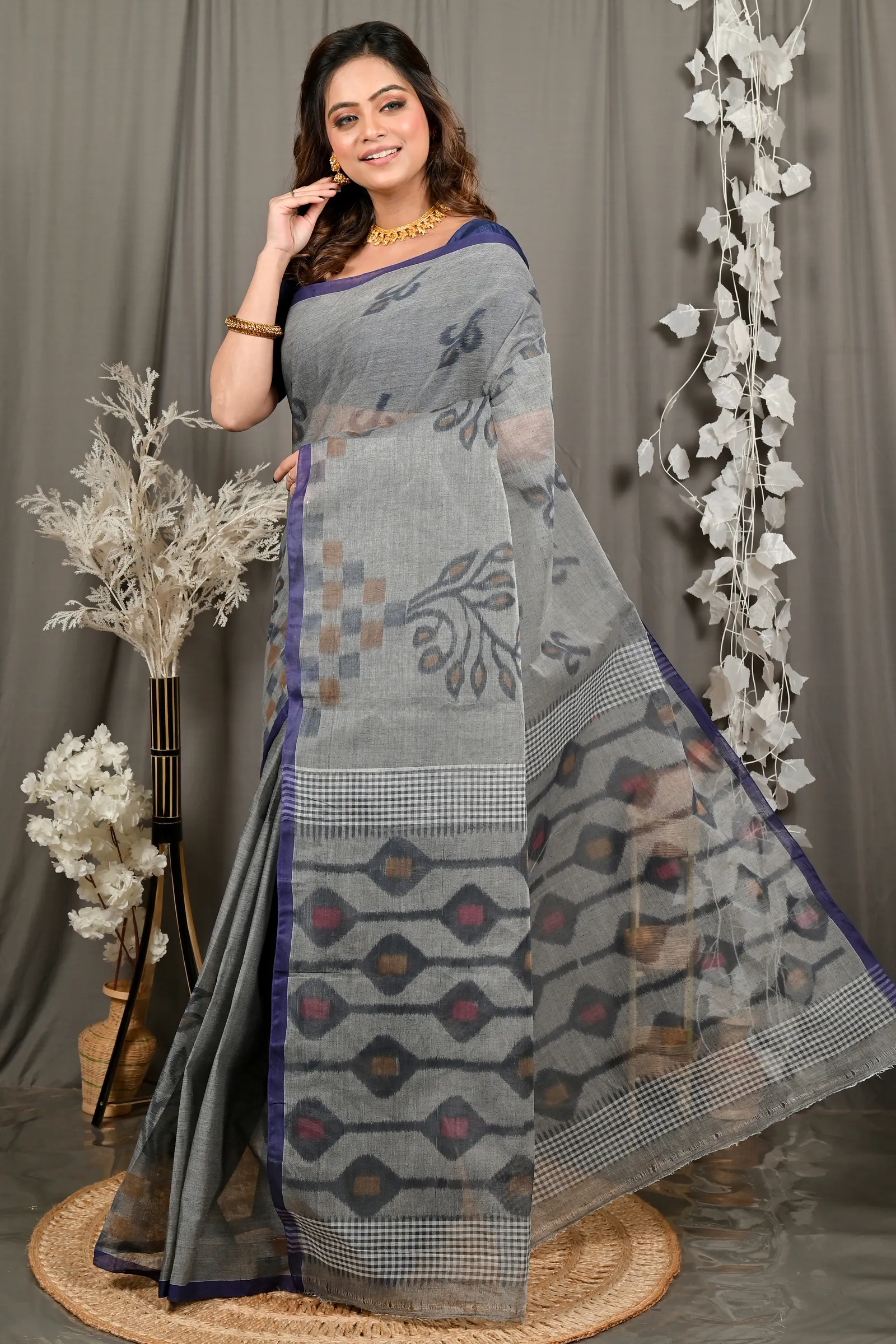 DipDiya Pure Cotton Grey Dipui Timeless Bengal Printed Tant Sarees