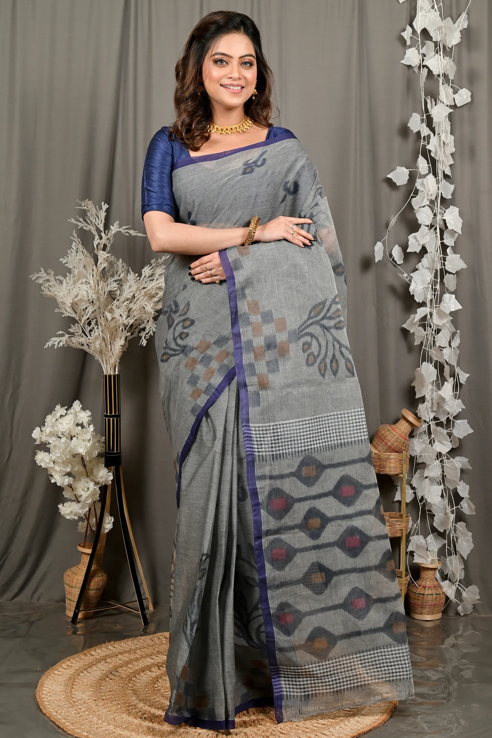 DipDiya Pure Cotton Grey Dipui Timeless Bengal Printed Tant Sarees